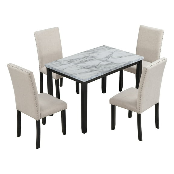 TREXM 5-Piece Faux Marble Dining Set, White/Beige & Black, Rubber Wood Frame, 4 Chairs, Kitchen/Dining Room Table, Comfortable Cushions, Family Friendly