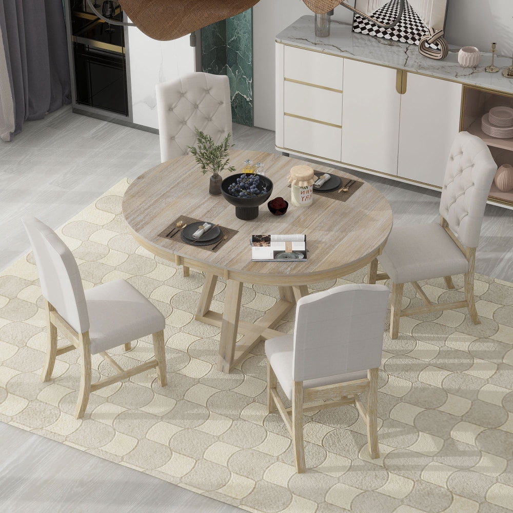 TREXM 5-Piece Retro Functional Dining Set, Round Table with a 16"W Leaf ...