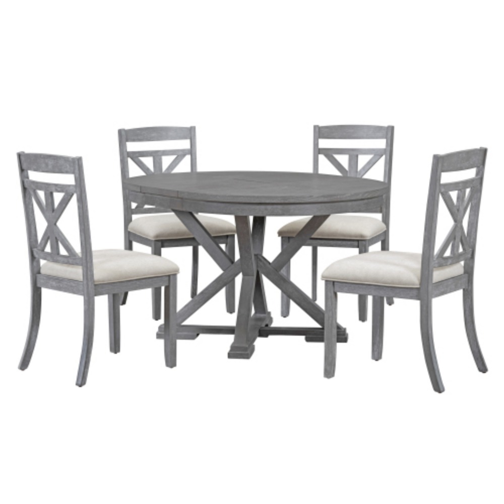 TREXM 5Piece Retro Functional Dining Table Set Extendable Round Table