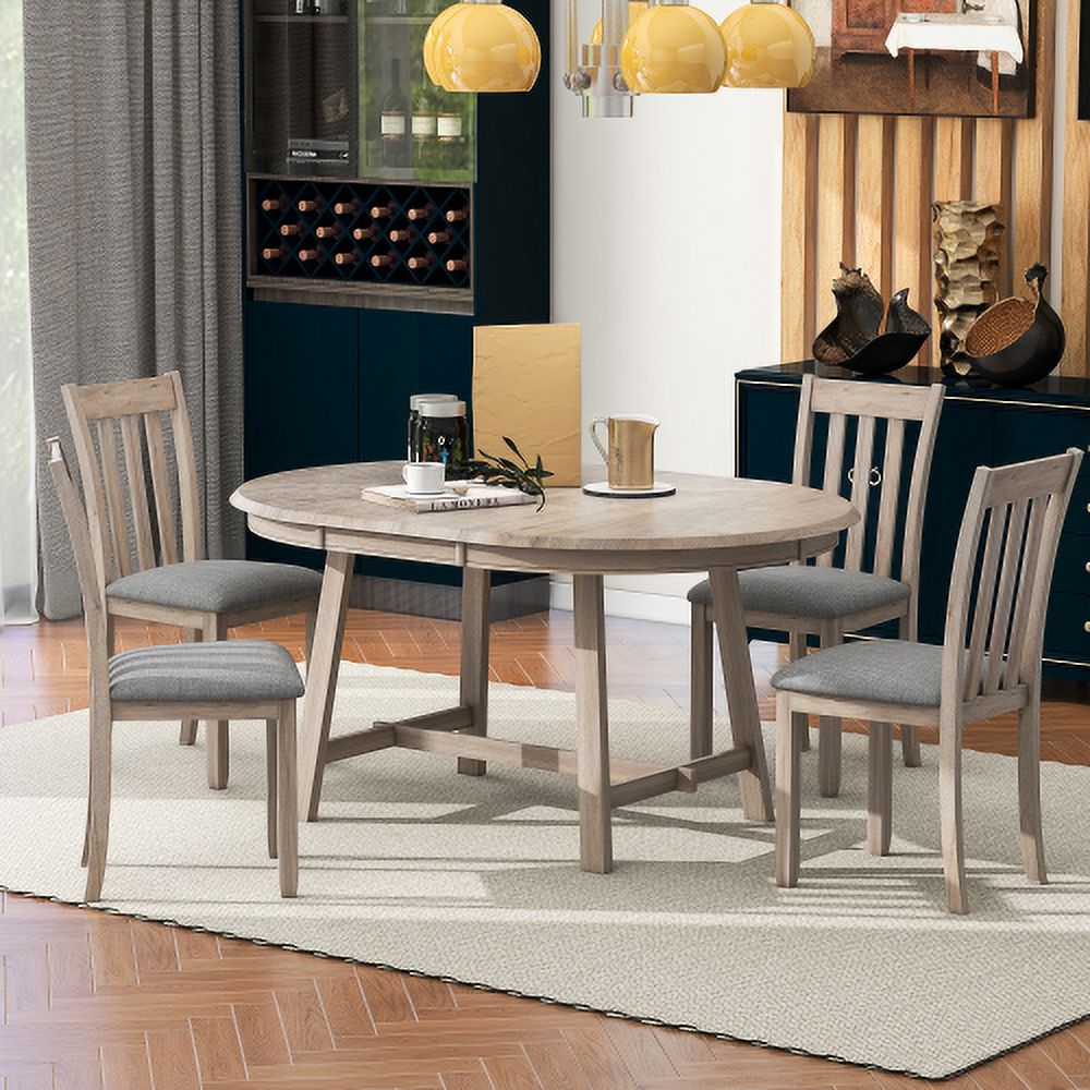 TREXM 5-Piece Wood Dining Table Set Round Extendable Dining Table with ...