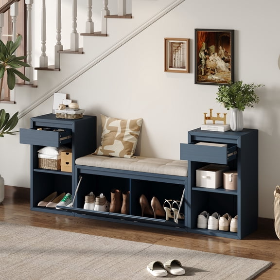 TREXM All-in-One Entryway Storage Bench with Cushion, Compartments, Drawers & Open Shelves, Storage Bench for Hallway, Mudroom, Living Room(Antique Navy)