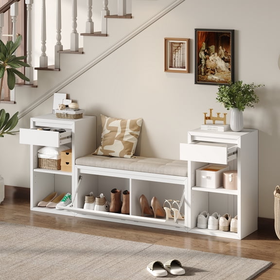 TREXM All-in-One Entryway Storage Bench with Cushion, Compartments, Drawers & Open Shelves, Storage Bench for Hallway, Mudroom, Living Room(White)