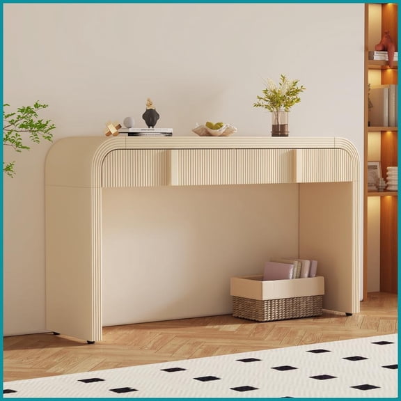 TREXM Apricot Cream Rounded Coffee Table with 2 Storage Drawers, Easy-Clean & Adjustable Feet for Living Room