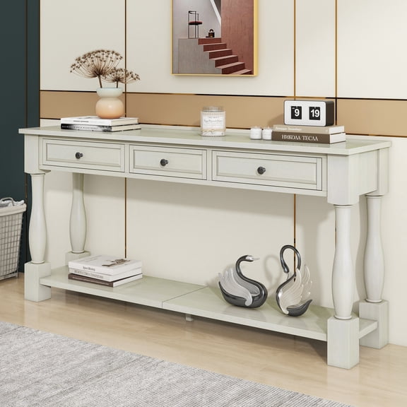 TREXM Console Table 63" Long Console Table with Drawers and Shelf for Entryway, Hallway, Living Room (Antique White, OLD SKU: WF314993AAK)