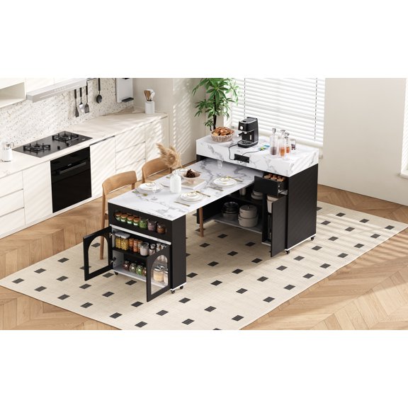 TREXM Extendable Dining Table with Extra-Long Folding Top, Rolling Kitchen Island with Drawers, Power Outlet and Brake lock, Storage Cabinet for Kitchen and Dining Room (Black + Marble White