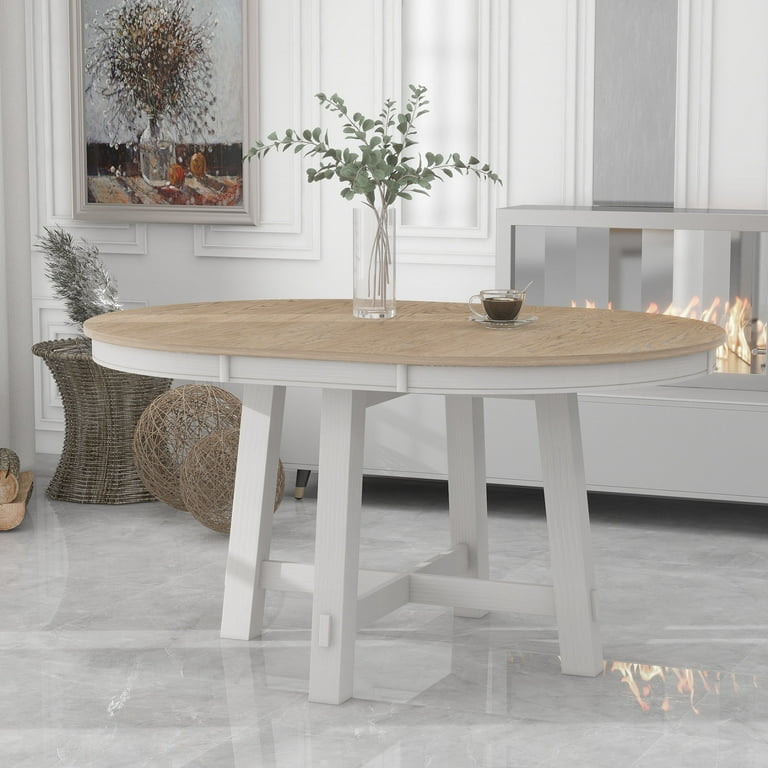 TREXM Farmhouse Round Extendable Dining Table with 16