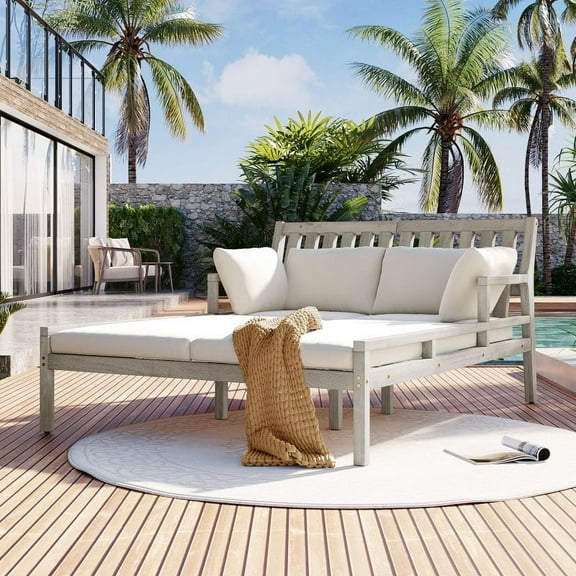TREXM Outdoor Daybed, Patio Daybed with Four Pillows, Wooden Outdoor Bed with Curved Armrests for Poolside, Backyard, Garden (Gray+Beige Cushion)