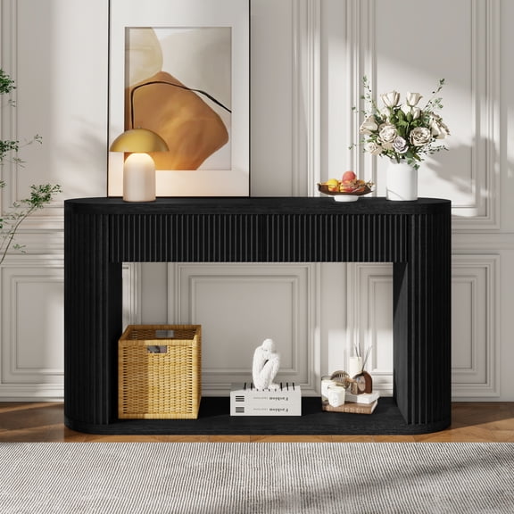 TREXM Oval Fluted Console Table with 2 Drawers and Bottom Shelf, Wood Entryway Table with Smooth Metal Slides for Living Room, Entryway (Black)