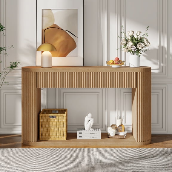 TREXM Oval Fluted Console Table with 2 Drawers and Bottom Shelf, Wood Entryway Table with Smooth Metal Slides for Living Room, Entryway (Natural)