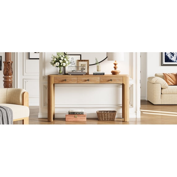 TREXM Rustic Console Table with Curved Corners for Safety, Entryway Table with 3 Concealed Drawers, Sturdy Sofa Table with Thick Legs for Hallway & Living Room (Natural)