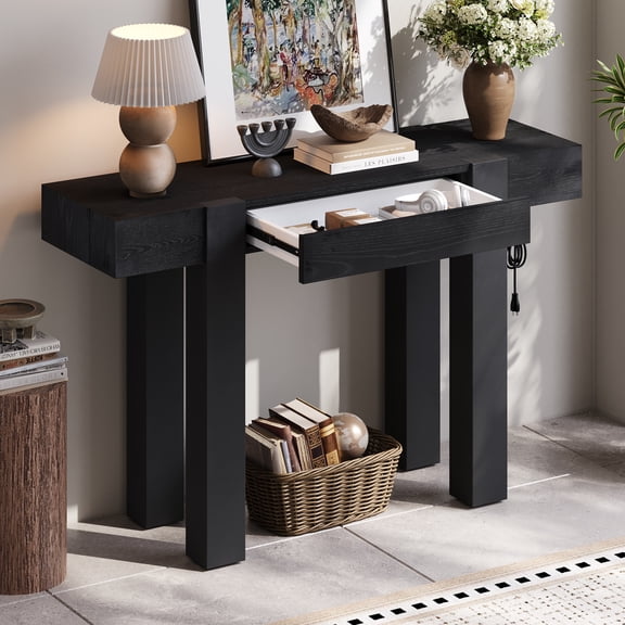 TREXM Rustic Minimalist Console Table with Hidden Drawer, Side Power Outlet,Wood Entryway Table for Entryways, Living Rooms and Home Offices(Black)