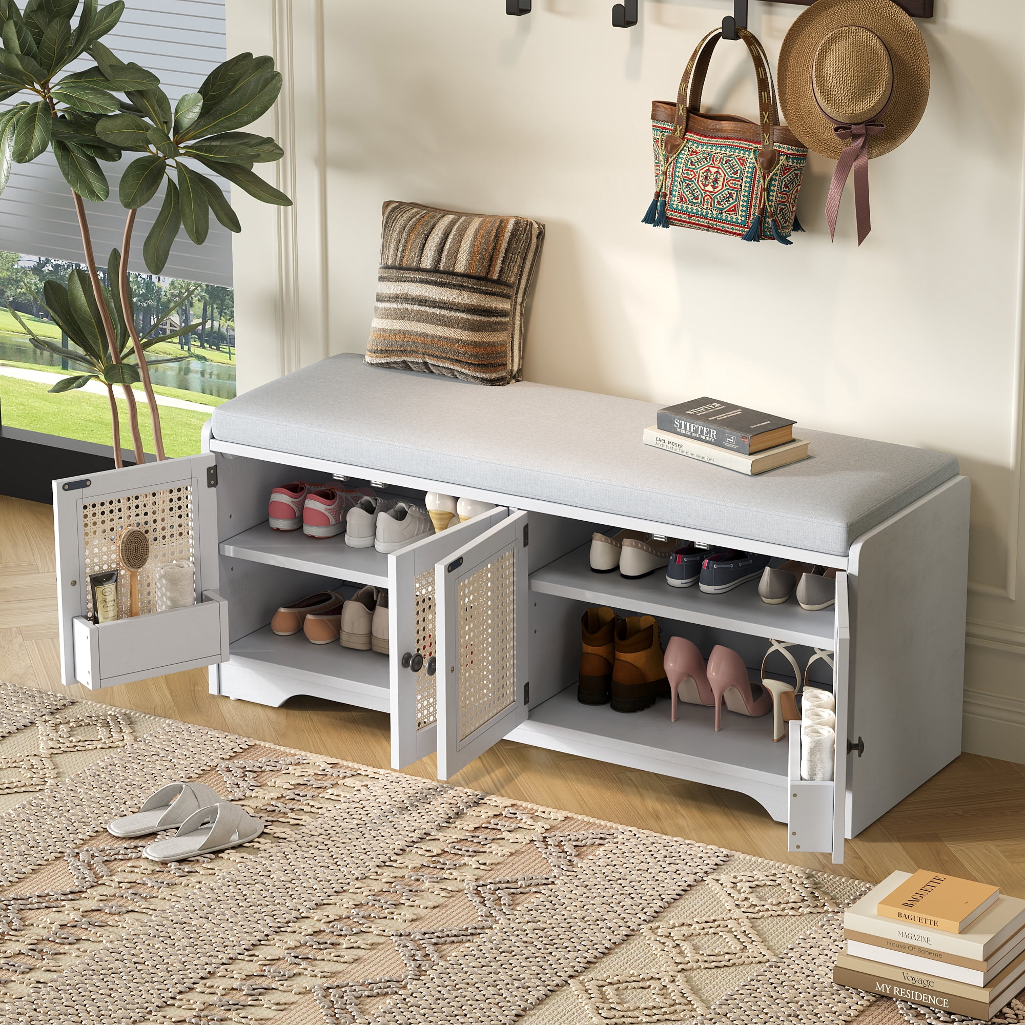 TREXM Rustic Storage Bench Multifunctional Wood Entryway Shoe Bench with Removable Cushion, Woven Rattan Doors & Adjustable Shelves for Hallway, Living Room (White+Beige )