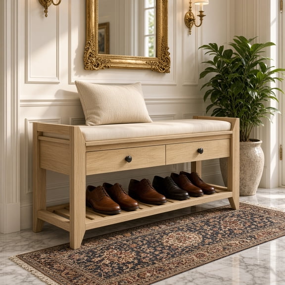 TREXM Shoe Rack Bench with Cushioned Seat and Drawers, Entryway Storage Bench, Gray Wash