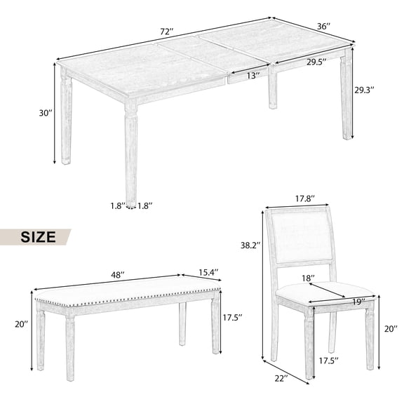 TREXM Vintage Extendable Dining Table Set for 6 with 4 Chairs & Bench, 59 to 72-Inch Rustic Farmhouse Kitchen Table Set with Distressed Finish and Retro Carved Legs (Washed White)
