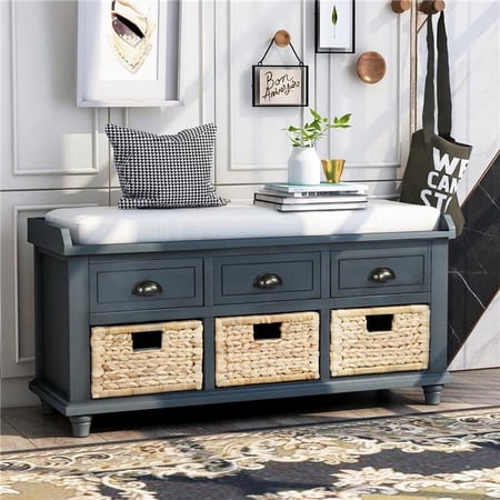 TREXM WF195161AAM Rustic Storage Bench with 3 Drawers, 3 Rattan Baskets & Shoe Bench for Living Room & Entryway - Antique Navy