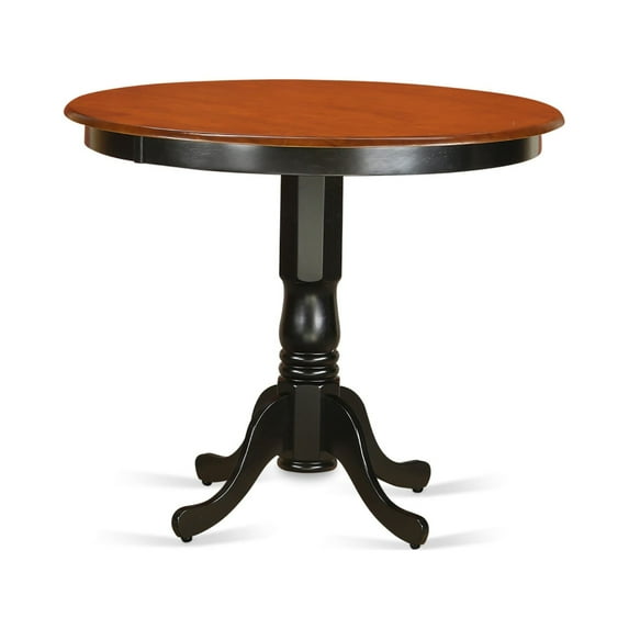 TRFA5-BLK-W 5 Pc Pub Table Set - High-Quality Asian Hardwood, Black & Cherry Finish, Round Shape, Stable Pedestal Design, Slatted Dining Chairs, Defect-Free Guarantee