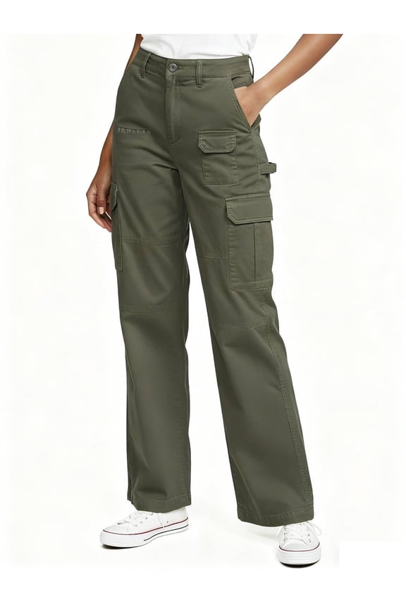 Women's High Waisted Cargo Pants, Wide Leg Baggy Y2K Streetwear Trousers, 7-Pocket Cotton Twill Hiking Pants for Work, Outdoor & Casual,Armygreen Size L