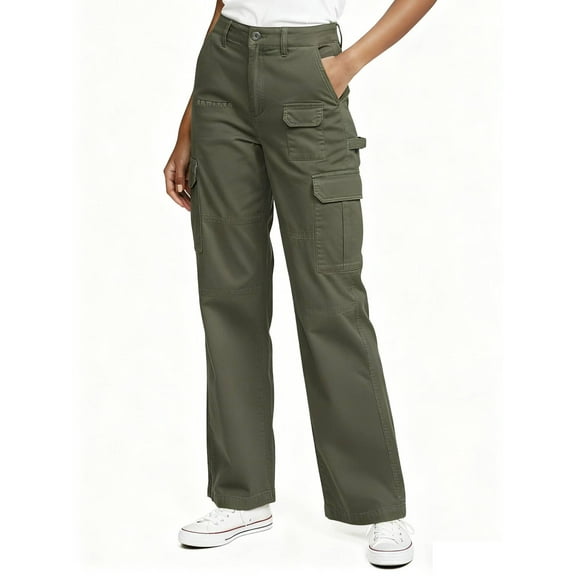 TRGPSG Women's High Waisted Cargo Pants, Wide Leg Baggy Y2K Streetwear Trousers, 7-Pocket Cotton Twill Hiking Pants for Work, Outdoor & Casual,Armygreen Size L