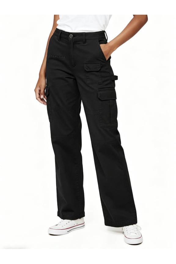 Women's High Waisted Cargo Pants, Wide Leg Baggy Y2K Streetwear Trousers, 7-Pocket Cotton Twill Hiking Pants for Work, Outdoor & Casual,Black Size 2XL