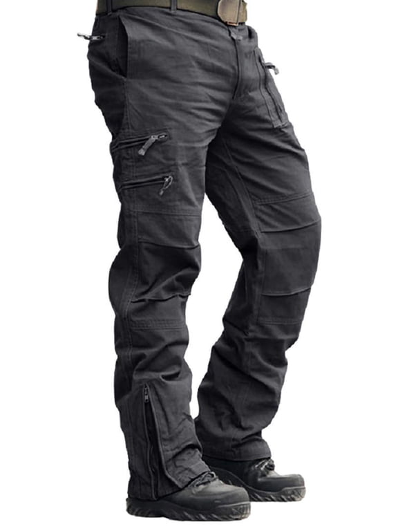 Cargo Pants for Men Straight Hiking Pants Work Travel Casual Pants with Multi Zipper Pockets(No Belt)