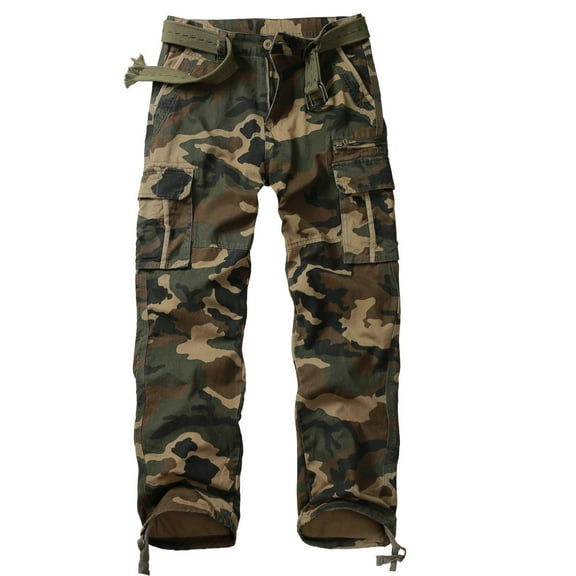 TRGPSG Men's Cotton Cargo Pants, Relaxed Fit Work Pants with 7 Pockets,Straight Leg Casual Outdoor Trousers(No Belts)Camo,Size 38