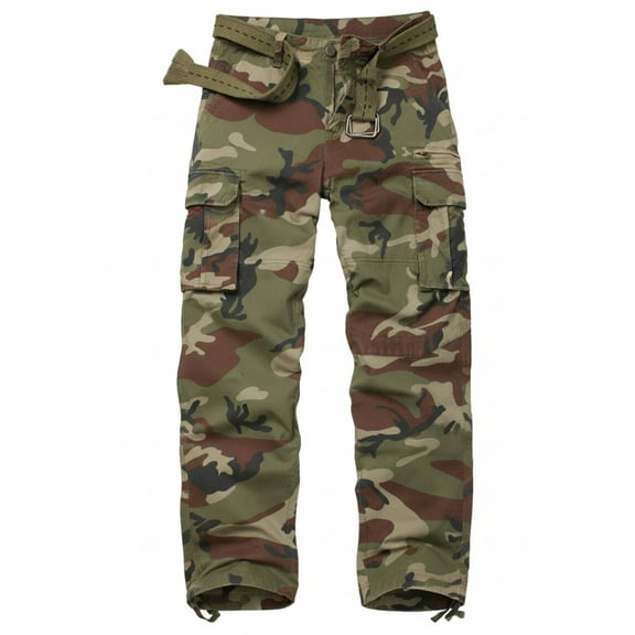 TRGPSG Men's Cotton Cargo Pants, Relaxed Fit Work Pants with 7 Pockets,Straight Leg Casual Outdoor Trousers(No Belts)Camo,Size 38