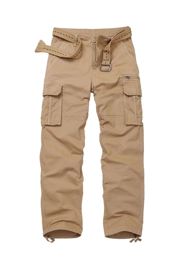 Cotton Comfort Cargo Pants For Men With 7 Pockets,Casual Relaxed Fit Work Pants(No Belts)Khaki,Size 32