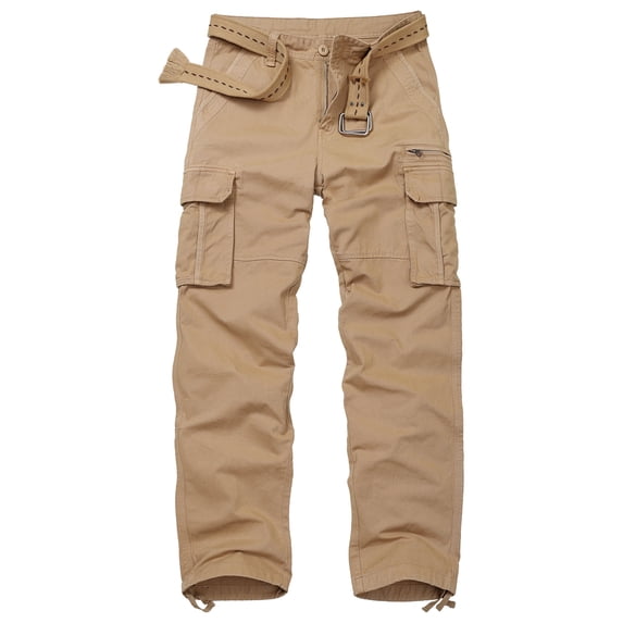 TRGPSG Cotton Comfort Cargo Pants For Men With 7 Pockets,Casual Relaxed Fit Work Pants(No Belts)Khaki,Size 34