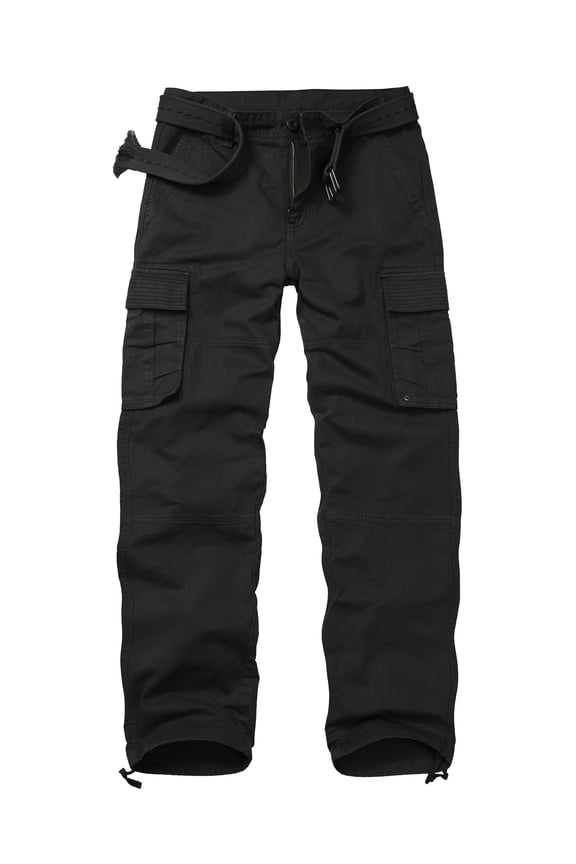 Men's Classic All Cotton Cargo Pants, 6-Pocket Work & Hiking Pants(No Belts)Black,Size 34