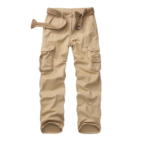 Men's Cargo Pants with Multi Pockets Outdoor Cotton Work Pants(No Belt),Khaki 30