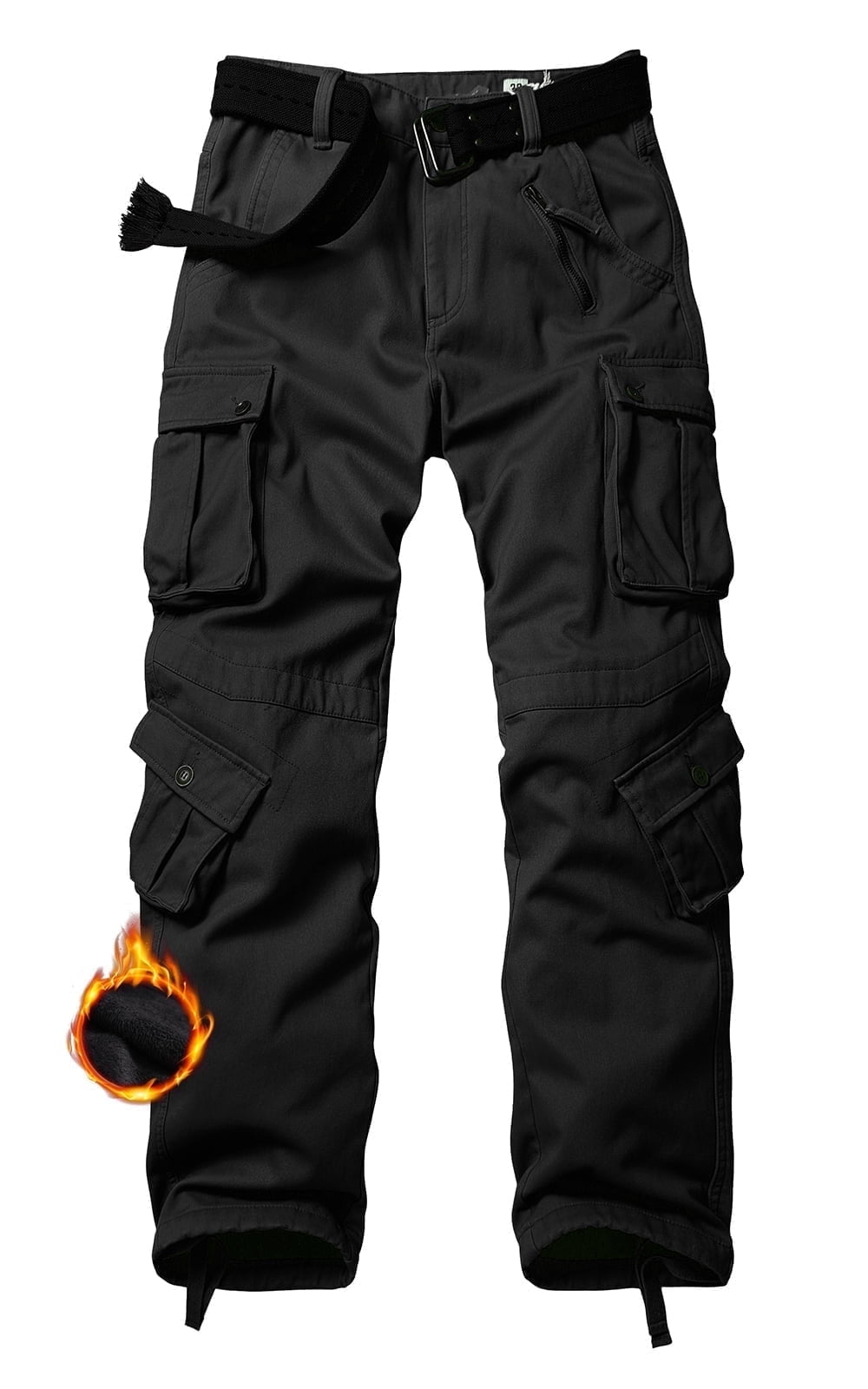 Men's Fleece Lined Hiking Pants Outdoor Cargo Pants Casual Work Ski Pants with 8 Pockets(No Belt),Black 32x31