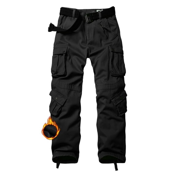 TRGPSG Men's Fleece Lined Hiking Pants Outdoor Cargo Pants Casual Work Ski Pants with 8 Pockets(No Belt),Black 32x31