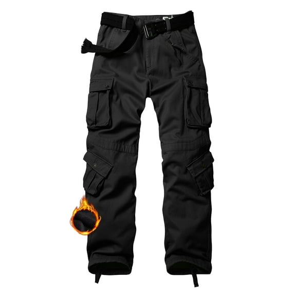 TRGPSG Men's Fleece Lined Hiking Pants Outdoor Cargo Pants Casual Work Ski Pants with 8 Pockets(No Belt),Black 34x32