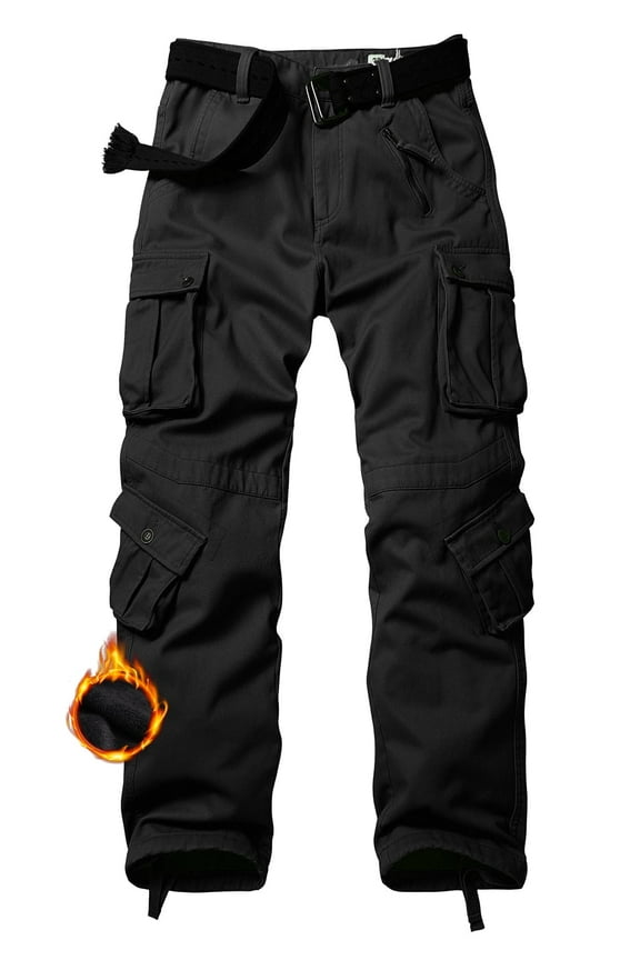 Men's Fleece Lined Hiking Pants Outdoor Cargo Pants Casual Work Ski Pants with 8 Pockets(No Belt),Black 36x32