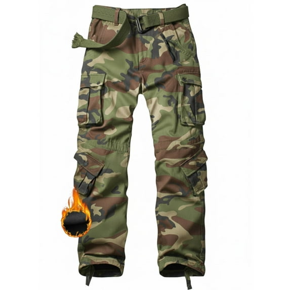 TRGPSG Men's Fleece Lined Hiking Pants Outdoor Cargo Pants Casual Work Ski Pants with 8 Pockets(No Belt),C29 Camo 38x32