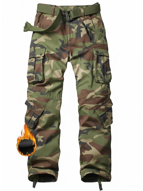 Men's Cotton Fleece-Lined Hiking Cargo Pants with 8 Pockets(No Belt),C29 Camo 38x32