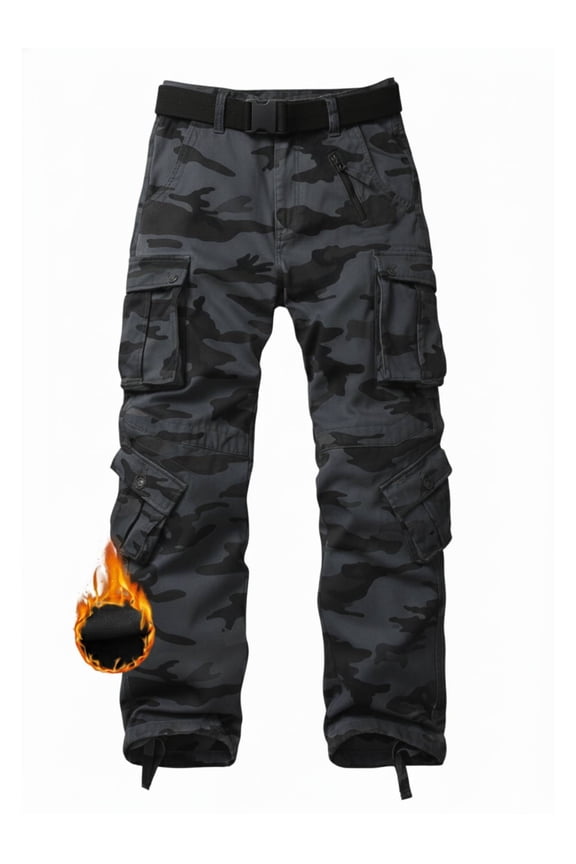 Men's Fleece Lined Hiking Pants Outdoor Cargo Pants Casual Work Ski Pants with 8 Pockets(No Belt),E Camo 34x32