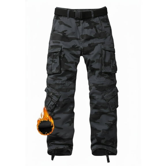 TRGPSG Men's Fleece Lined Hiking Pants Outdoor Cargo Pants Casual Work Ski Pants with 8 Pockets(No Belt),E Camo 42x33