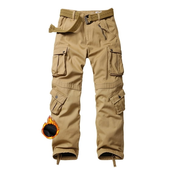 TRGPSG Men's Fleece Lined Hiking Pants Outdoor Cargo Pants Casual Work Ski Pants with 8 Pockets(No Belt),Khaki 34x32