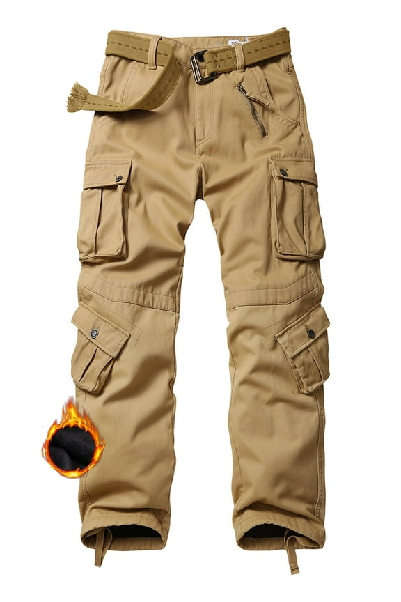 Men's Fleece Lined Hiking Pants Outdoor Cargo Pants Casual Work Ski Pants with 8 Pockets(No Belt),Khaki 42x33