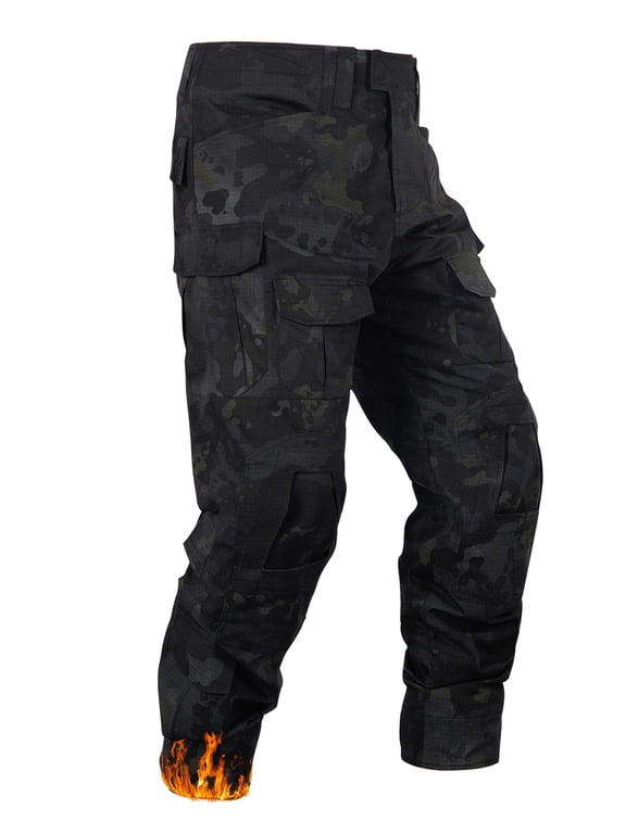 Men's Fleece Lined Cargo Pants, Waterproof Insulated Winter Hiking Pants, Multi-Pocket Thermal Work Pants,Dark Camo Size 36