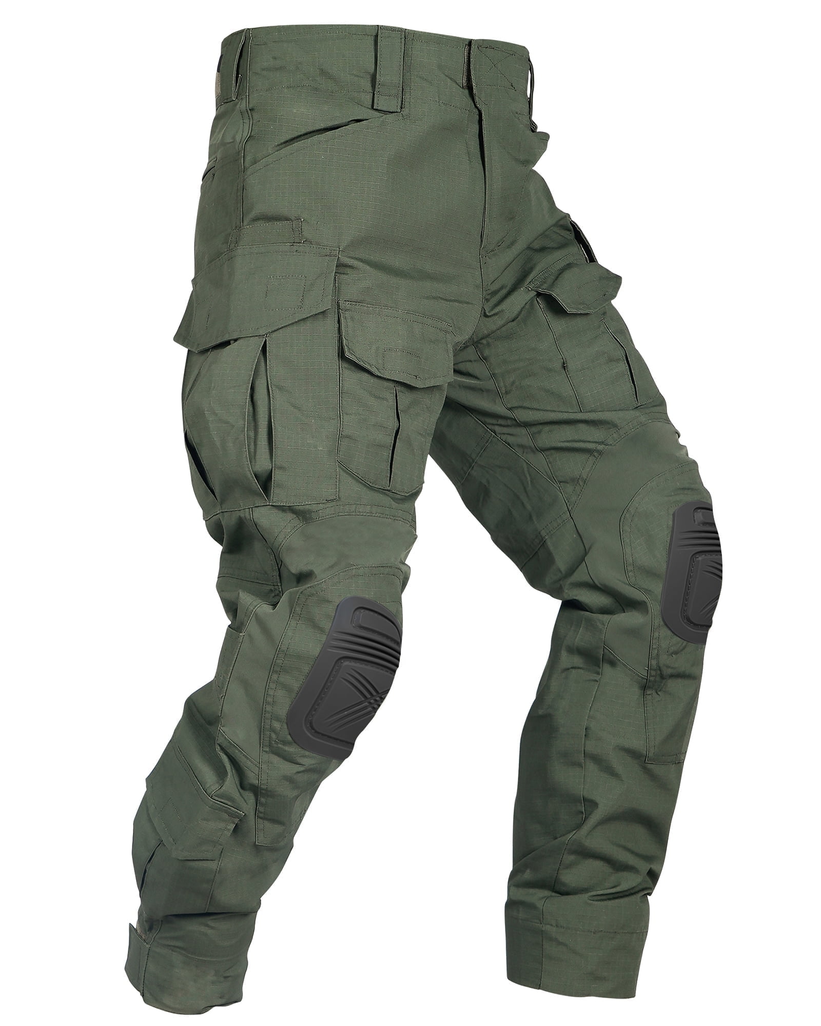 TRGPSG Men's Work Pants with Knee Pads, 10 Pockets ,Camo Outdoor Hunting Pants Waterproof Hiking Work Trousers(No Belt),Armygreen Size 32