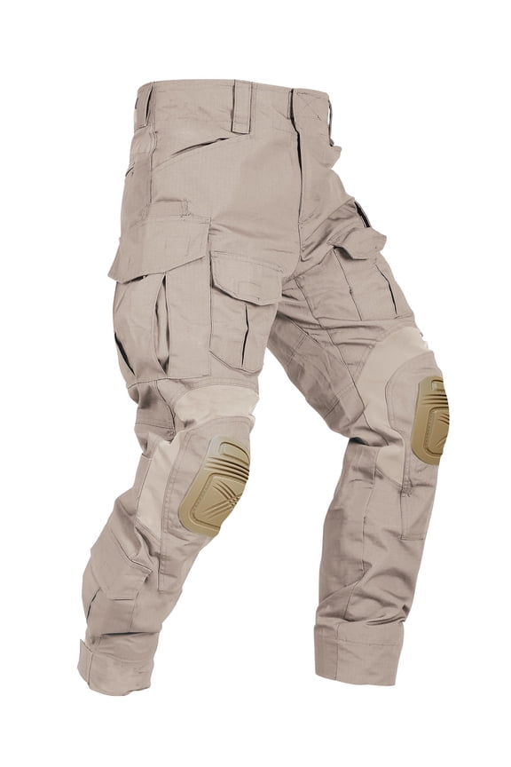 Men's Work Pants with Knee Pads, 10 Pockets ,Camo Outdoor Hunting Pants Waterproof Hiking Work Trousers(No Belt),Khaki Size 32