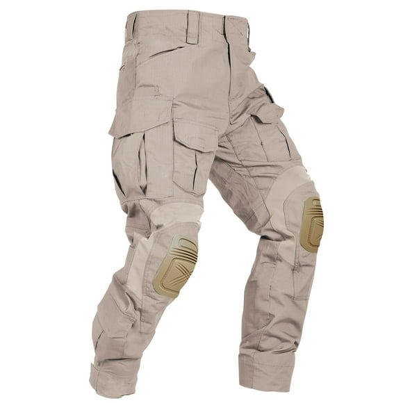 Men's Work Pants with Knee Pads, 10 Pockets ,Camo Outdoor Hunting Pants Waterproof Hiking Work Trousers(No Belt),Khaki Size 36