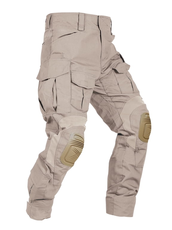 Men's Work Pants with Knee Pads, 10 Pockets ,Camo Outdoor Hunting Pants Waterproof Hiking Work Trousers(No Belt),Khaki Size 36