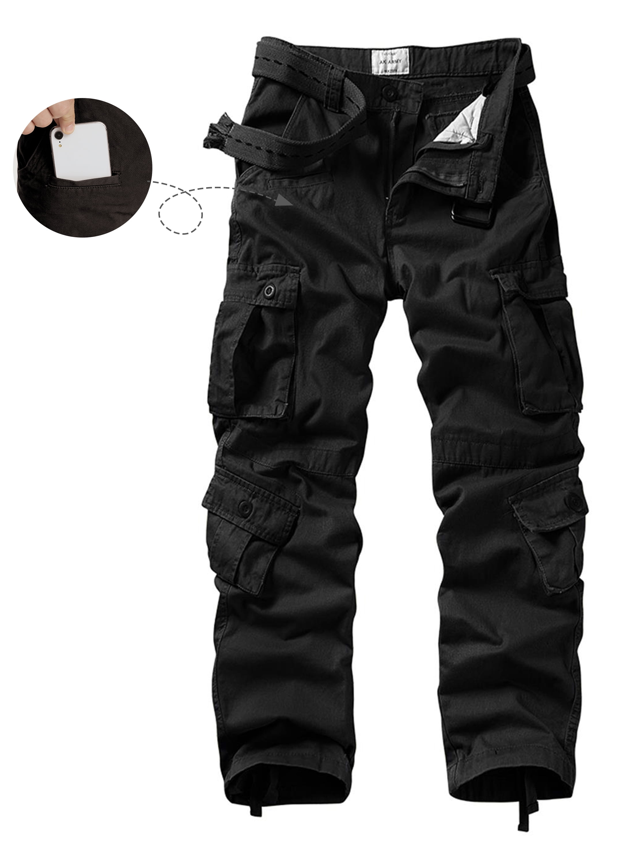 TRGPSG Men's Wild Relaxed Fit Cargo Pants with 9 Pockets(No Belt),Black ...