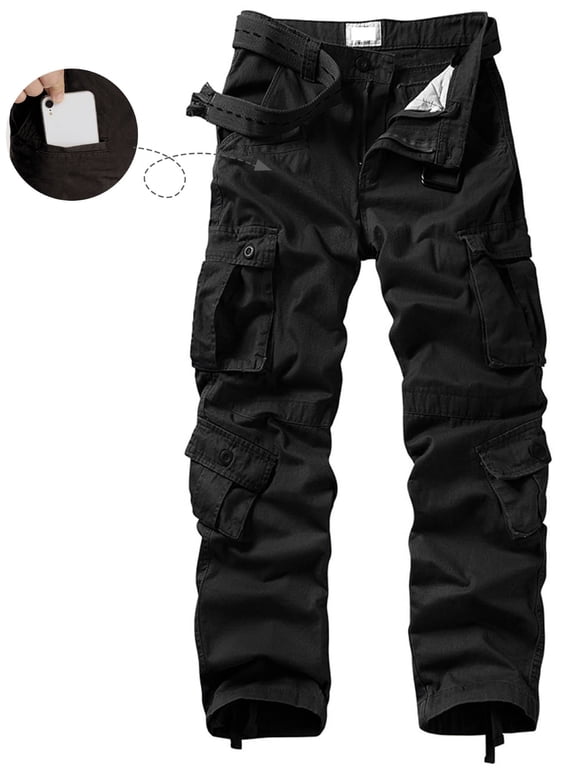 Men's Wild Relaxed Fit Cargo Pants with 9 Pockets(No Belt),Black 36x32