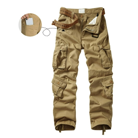 TRGPSG Men's Wild Relaxed Fit Cargo Pants with 9 Pockets(No Belt),Khaki 36x32