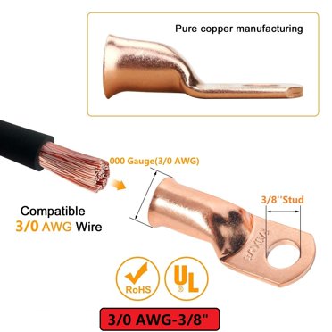 10 Pcs 2/0 Gauge Tinned Copper Battery Cable Lugs - 3/8 Inch Ring Terminal