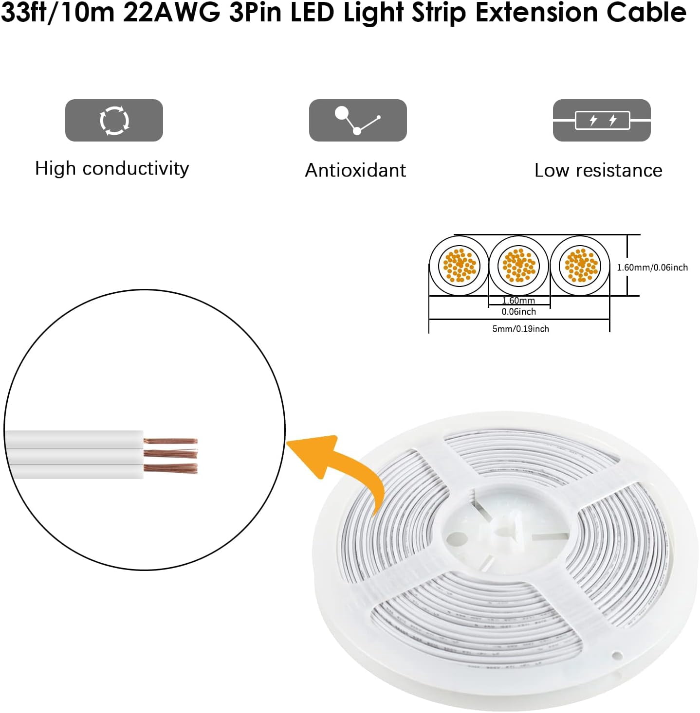 TRH-10M 22AWG 3 Pin LED Light Strip Cable Cord, Extension Cable Line ...